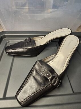Etienne Aigner Black Leather Square-Toe Mule Slides - Women's Size 6.5